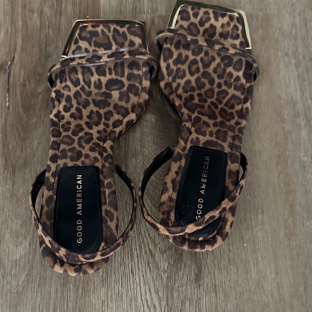 Good American Leopard Print Square-Toe Ankle Strap Sandals - Brown/Black